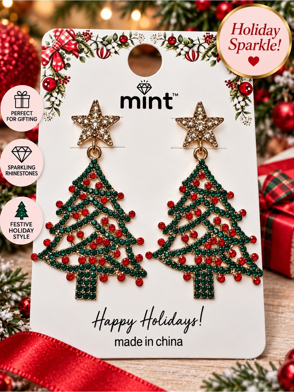 Mint Christmas Tree Rhinestone Dangle Earrings Red Green Gold Holiday